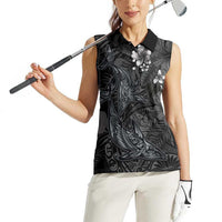 Hawaiian Tropical Plants and Tribal Whales Women Sleeveless Polo Shirt Polynesian Art Tattoo Grayscale
