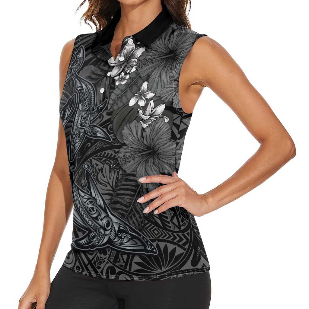Hawaiian Tropical Plants and Tribal Whales Women Sleeveless Polo Shirt Polynesian Art Tattoo Grayscale