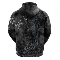 Hawaiian Tropical Plants and Tribal Whales Zip Hoodie Polynesian Art Tattoo Grayscale LT03 - Polynesian Pride