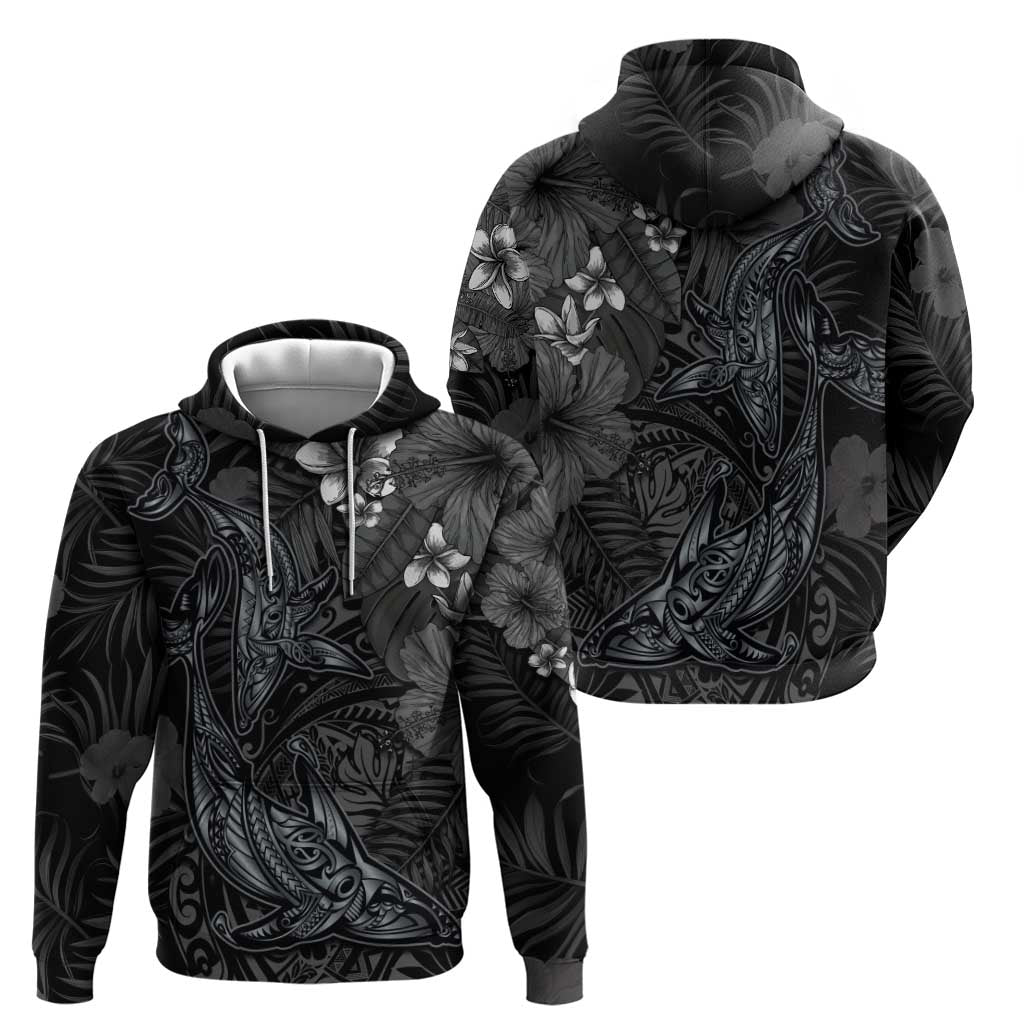 Hawaiian Tropical Plants and Tribal Whales Zip Hoodie Polynesian Art Tattoo Grayscale LT03 - Polynesian Pride