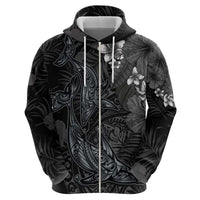 Hawaiian Tropical Plants and Tribal Whales Zip Hoodie Polynesian Art Tattoo Grayscale LT03 - Polynesian Pride