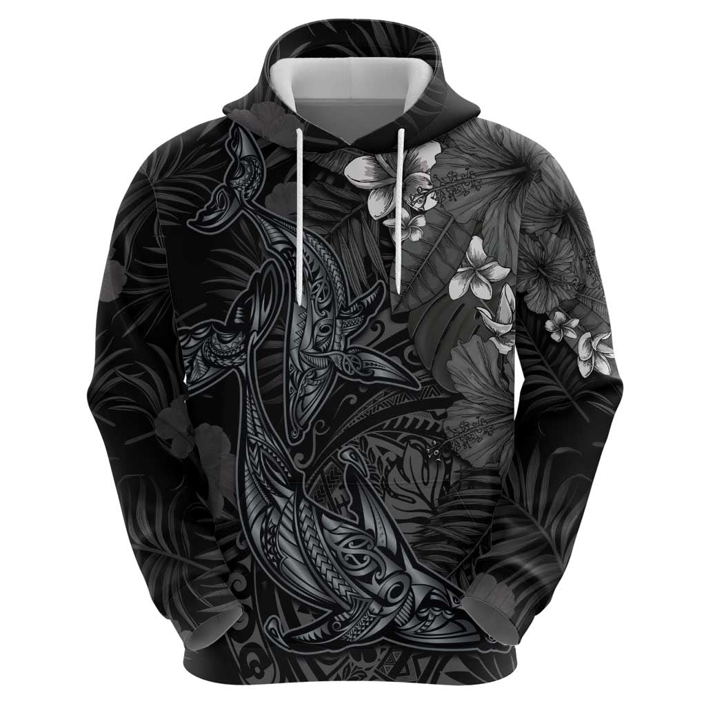 Hawaiian Tropical Plants and Tribal Whales Zip Hoodie Polynesian Art Tattoo Grayscale LT03 - Polynesian Pride