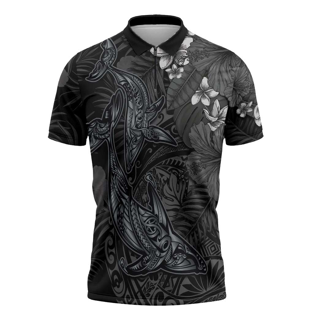 Hawaiian Tropical Plants and Tribal Whales Zipper Polo Shirt Polynesian Art Tattoo Grayscale