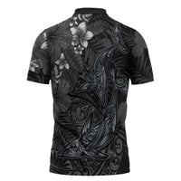 Hawaiian Tropical Plants and Tribal Whales Zipper Polo Shirt Polynesian Art Tattoo Grayscale LT03 - Polynesian Pride