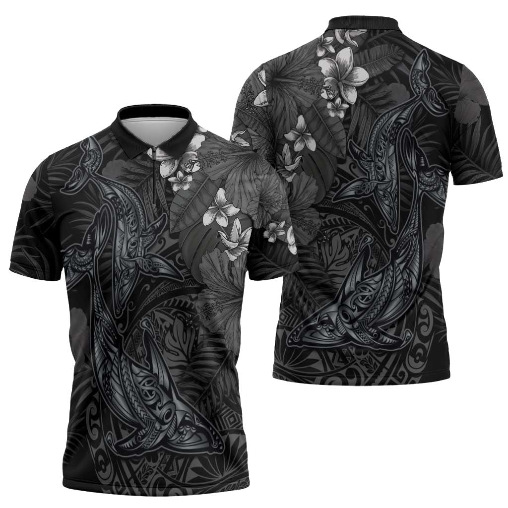Hawaiian Tropical Plants and Tribal Whales Zipper Polo Shirt Polynesian Art Tattoo Grayscale LT03 - Polynesian Pride
