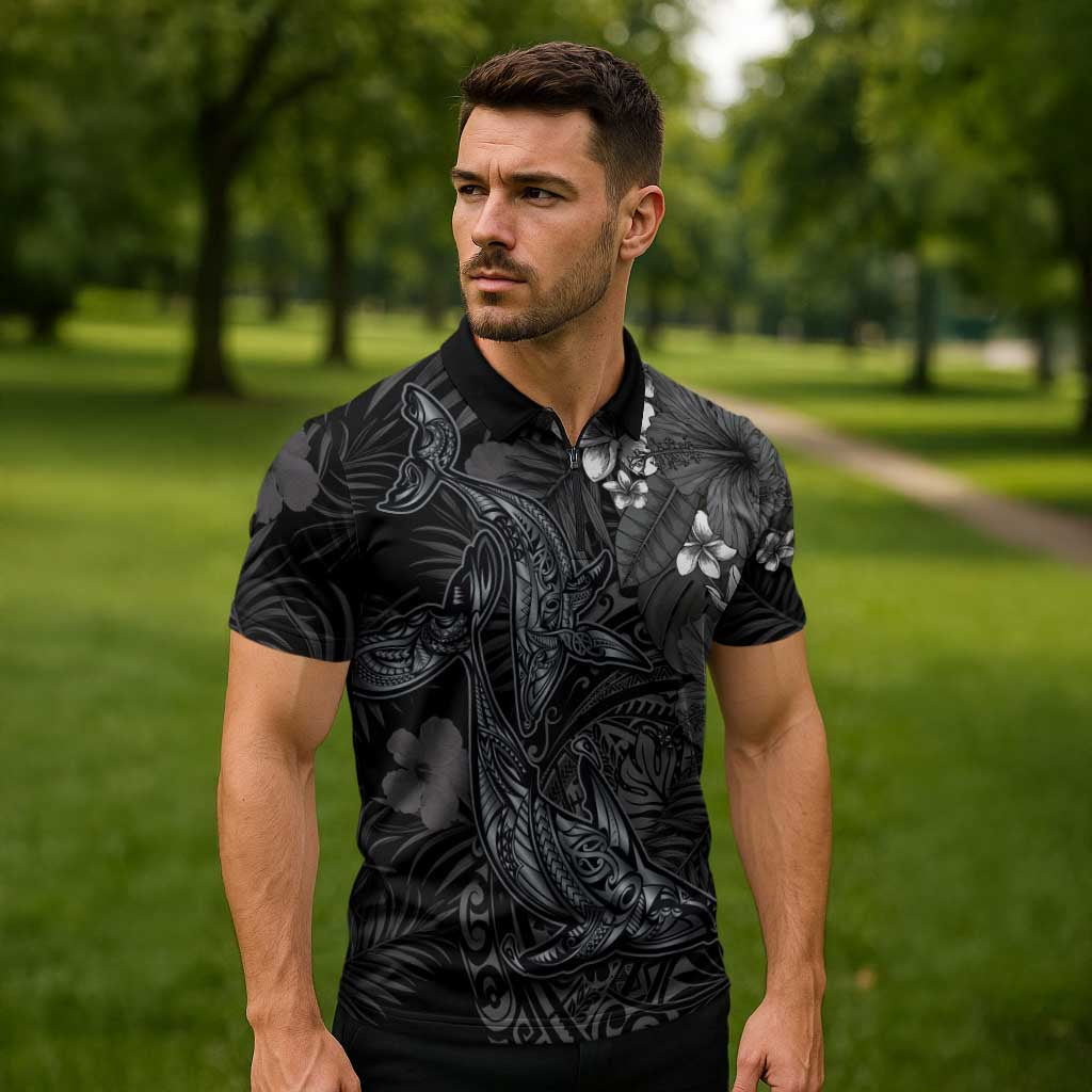 Hawaiian Tropical Plants and Tribal Whales Zipper Polo Shirt Polynesian Art Tattoo Grayscale LT03 - Polynesian Pride