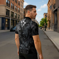 Hawaiian Tropical Plants and Tribal Whales Zipper Polo Shirt Polynesian Art Tattoo Grayscale LT03 - Polynesian Pride