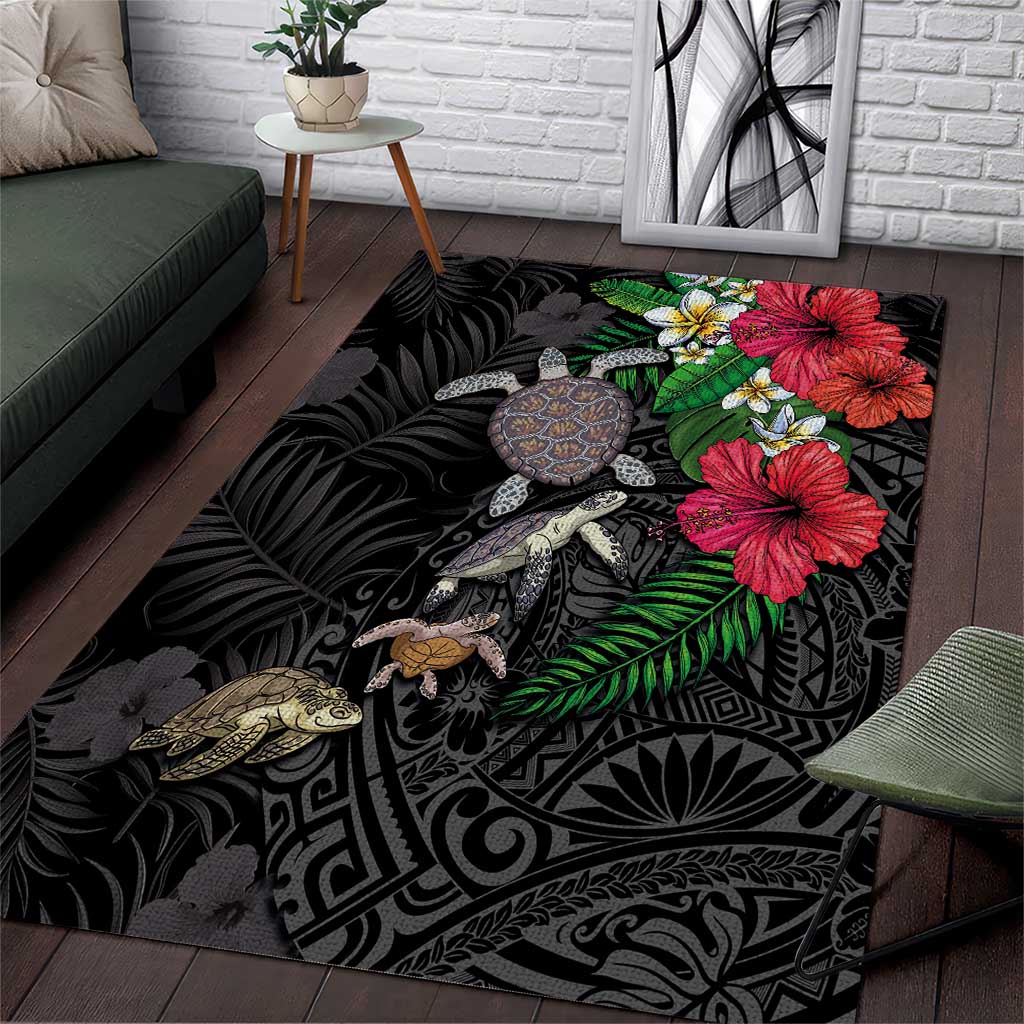 Hawaiian Tropical Plants and Turtles Area Rug Polynesian Art Motifs