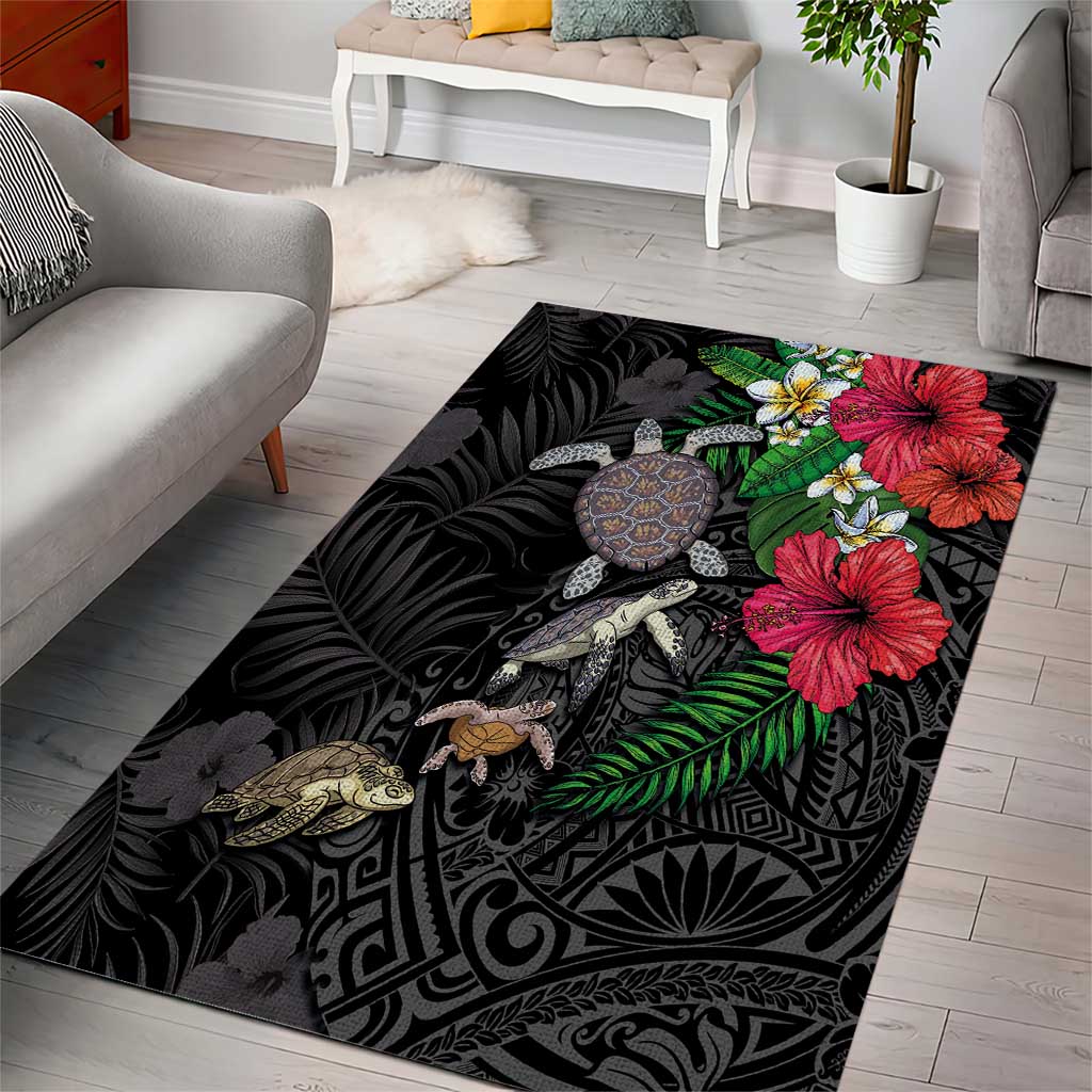 Hawaiian Tropical Plants and Turtles Area Rug Polynesian Art Motifs