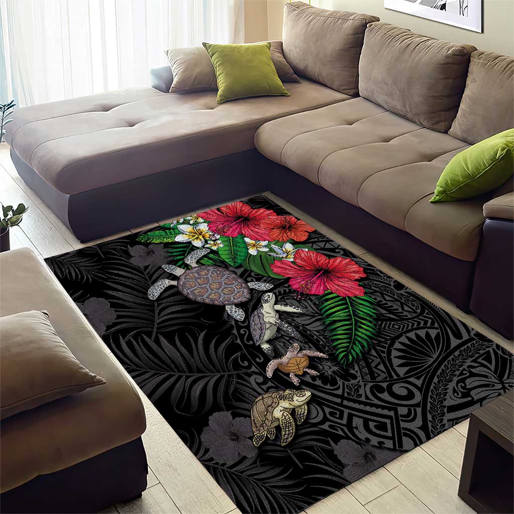 Hawaiian Tropical Plants and Turtles Area Rug Polynesian Art Motifs