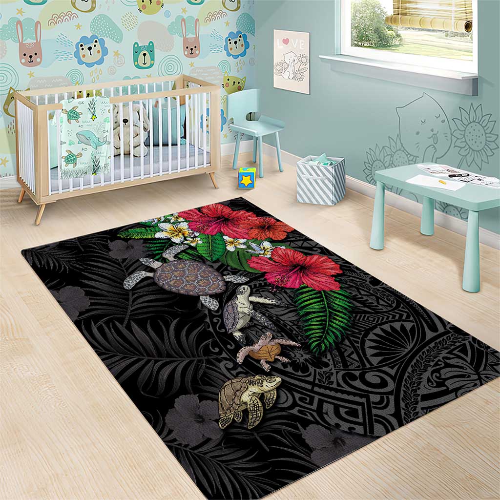 Hawaiian Tropical Plants and Turtles Area Rug Polynesian Art Motifs