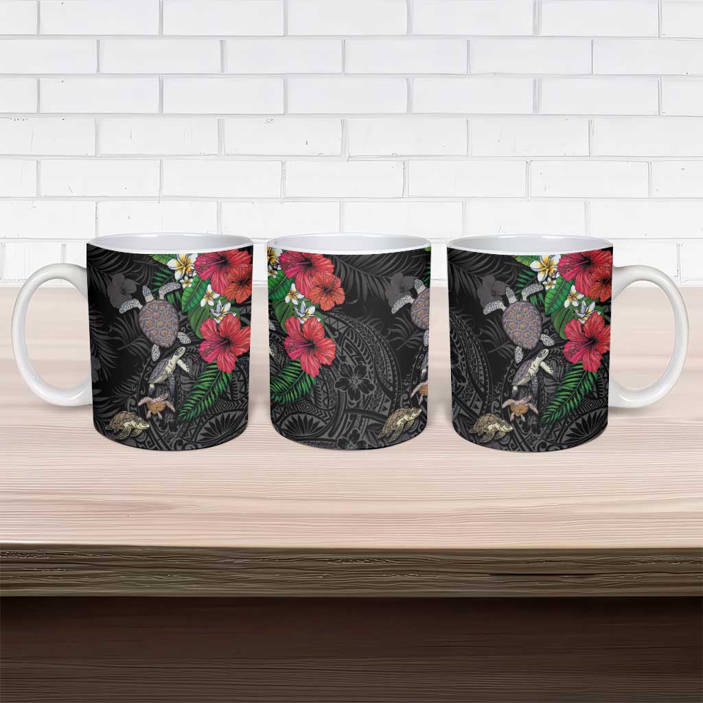 Hawaiian Tropical Plants and Turtles Ceramic Mug Polynesian Art Motifs