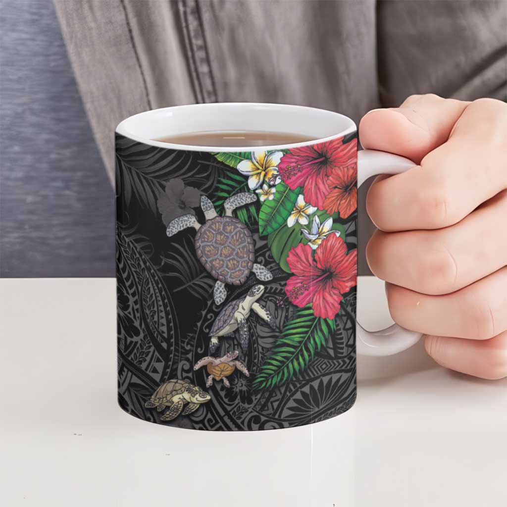 Hawaiian Tropical Plants and Turtles Ceramic Mug Polynesian Art Motifs