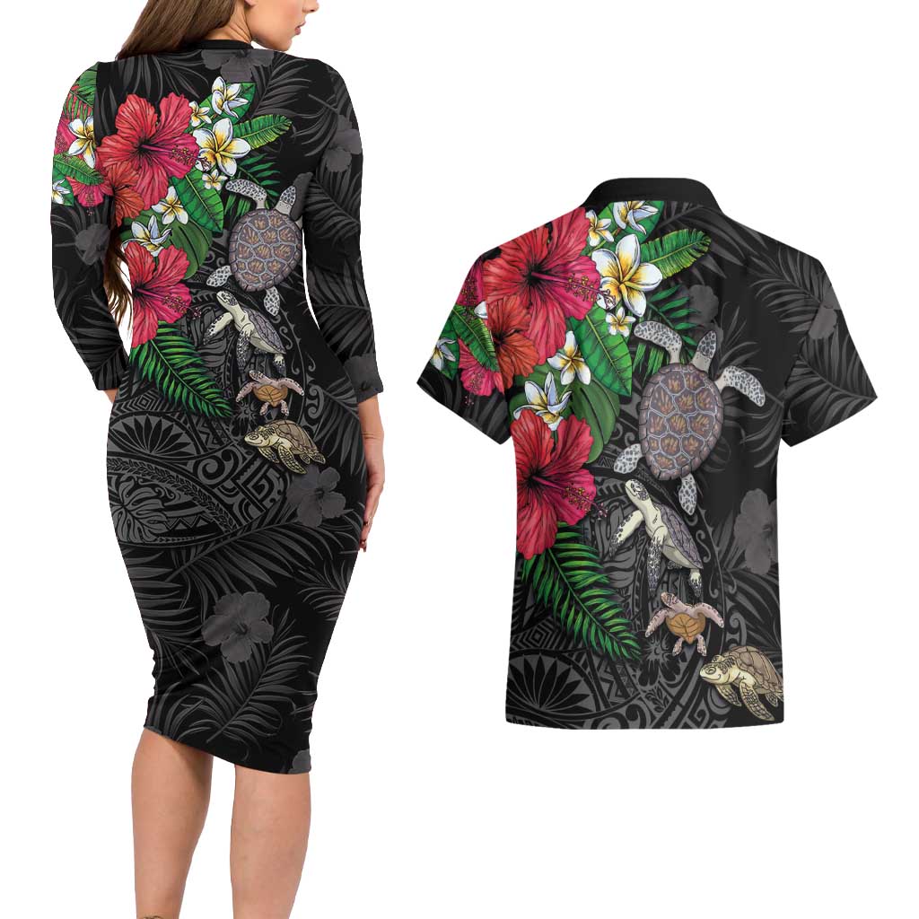 Hawaiian Tropical Plants and Turtles Couples Matching Long Sleeve Bodycon Dress and Hawaiian Shirt Polynesian Art Motifs