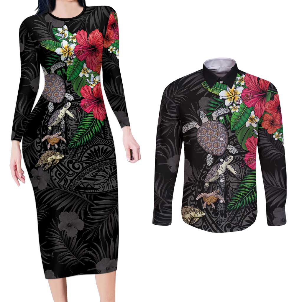 Hawaiian Tropical Plants and Turtles Couples Matching Long Sleeve Bodycon Dress and Long Sleeve Button Shirt Polynesian Art Motifs LT03 Black - Polynesian Pride