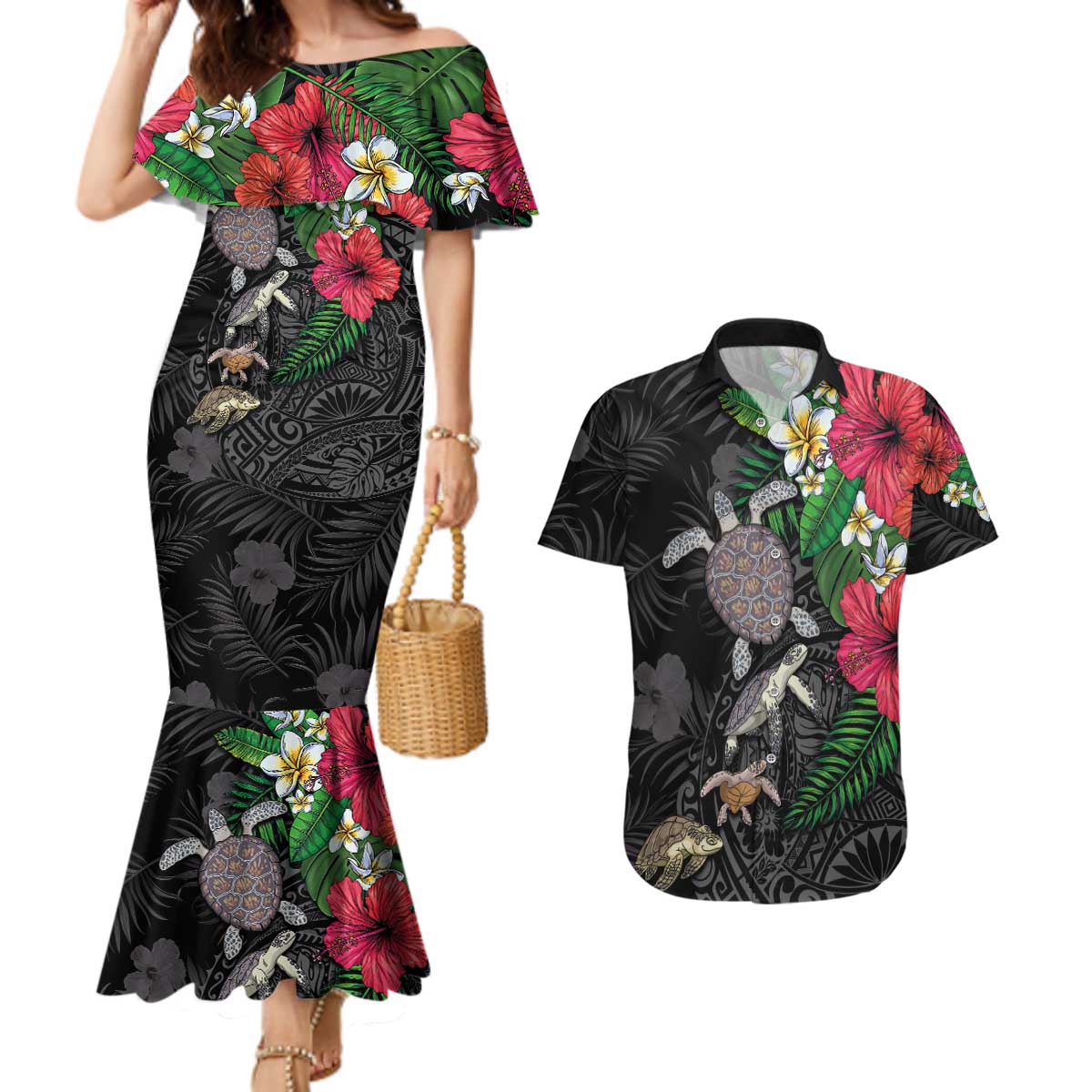 Hawaiian Tropical Plants and Turtles Couples Matching Mermaid Dress and Hawaiian Shirt Polynesian Art Motifs