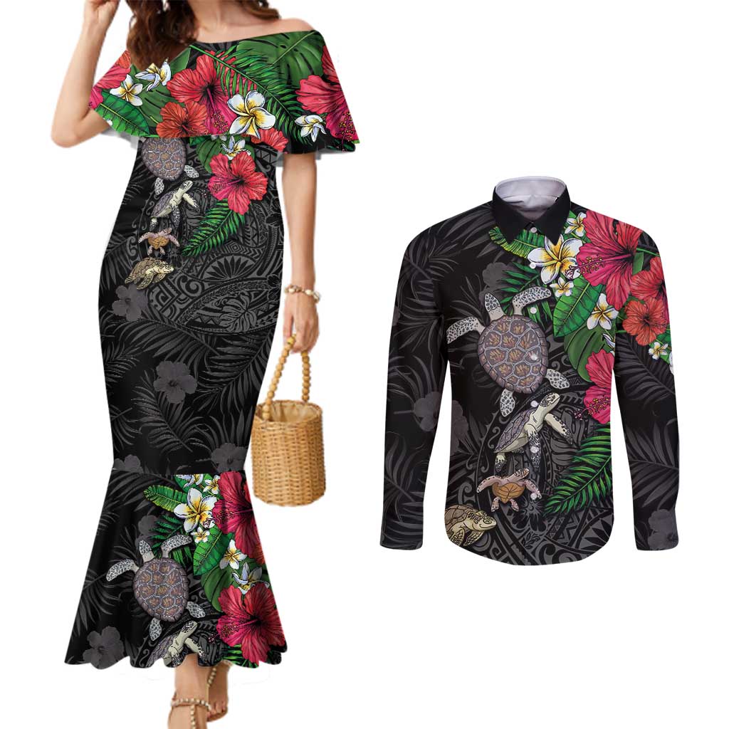 Hawaiian Tropical Plants and Turtles Couples Matching Mermaid Dress and Long Sleeve Button Shirt Polynesian Art Motifs LT03 Black - Polynesian Pride