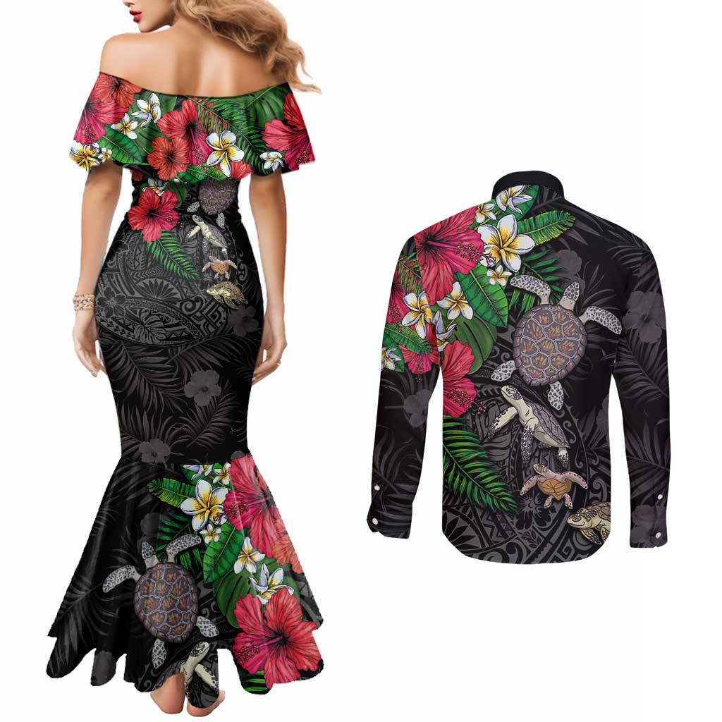 Hawaiian Tropical Plants and Turtles Couples Matching Mermaid Dress and Long Sleeve Button Shirt Polynesian Art Motifs LT03 - Polynesian Pride