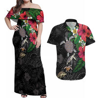Hawaiian Tropical Plants and Turtles Couples Matching Off Shoulder Maxi Dress and Hawaiian Shirt Polynesian Art Motifs LT03 Black - Polynesian Pride