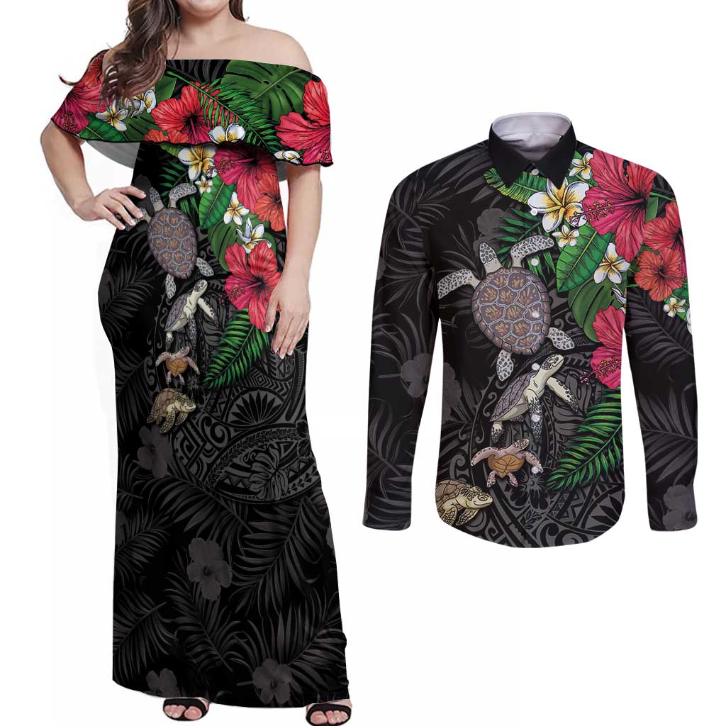 Hawaiian Tropical Plants and Turtles Couples Matching Off Shoulder Maxi Dress and Long Sleeve Button Shirt Polynesian Art Motifs LT03 Black - Polynesian Pride