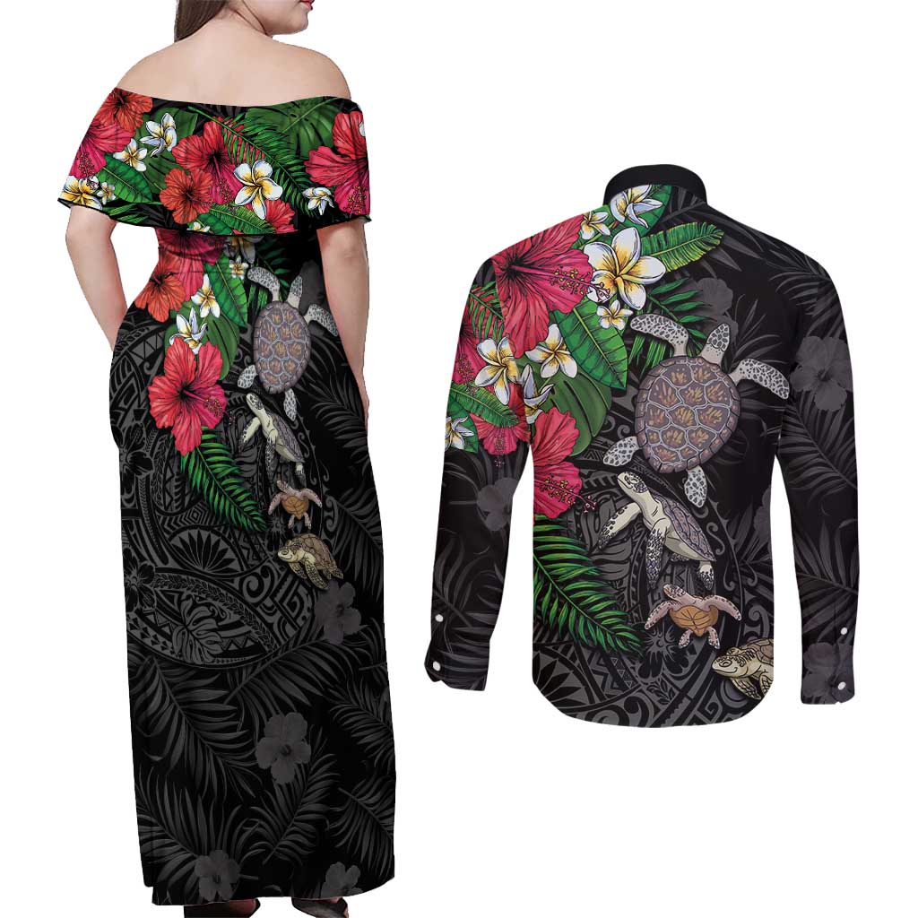 Hawaiian Tropical Plants and Turtles Couples Matching Off Shoulder Maxi Dress and Long Sleeve Button Shirt Polynesian Art Motifs LT03 - Polynesian Pride