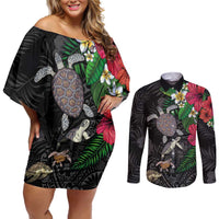 Hawaiian Tropical Plants and Turtles Couples Matching Off Shoulder Short Dress and Long Sleeve Button Shirt Polynesian Art Motifs LT03 Black - Polynesian Pride