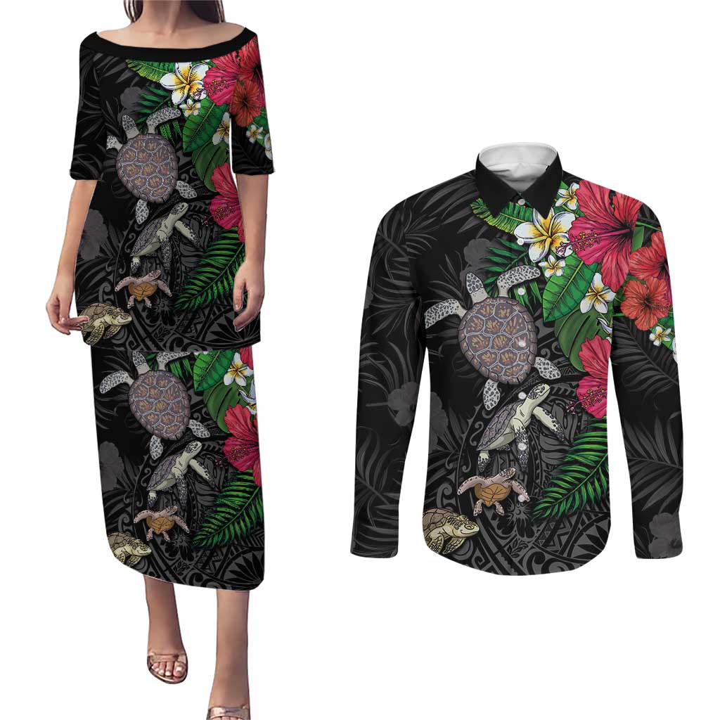 Hawaiian Tropical Plants and Turtles Couples Matching Puletasi and Long Sleeve Button Shirt Polynesian Art Motifs LT03 Black - Polynesian Pride