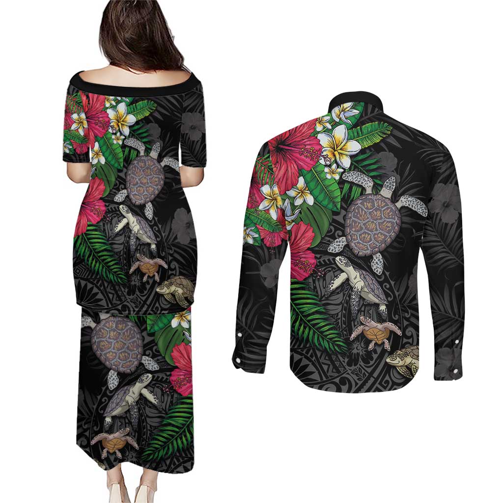 Hawaiian Tropical Plants and Turtles Couples Matching Puletasi and Long Sleeve Button Shirt Polynesian Art Motifs LT03 - Polynesian Pride