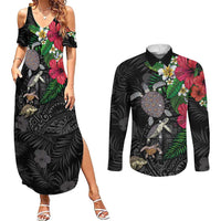 Hawaiian Tropical Plants and Turtles Couples Matching Summer Maxi Dress and Long Sleeve Button Shirt Polynesian Art Motifs LT03 Black - Polynesian Pride