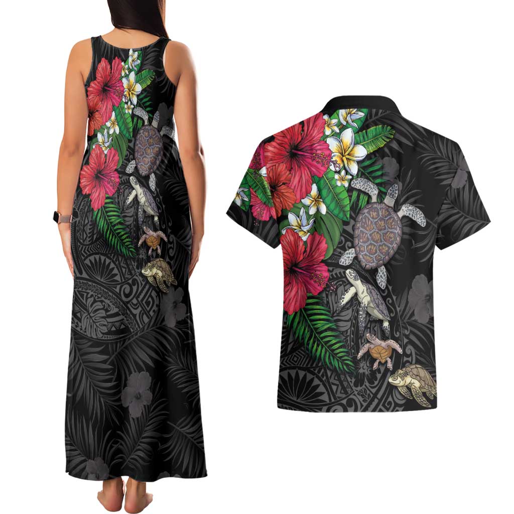 Hawaiian Tropical Plants and Turtles Couples Matching Tank Maxi Dress and Hawaiian Shirt Polynesian Art Motifs