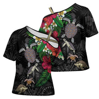 Hawaiian Tropical Plants and Turtles Cross Shoulder Shirt Polynesian Art Motifs