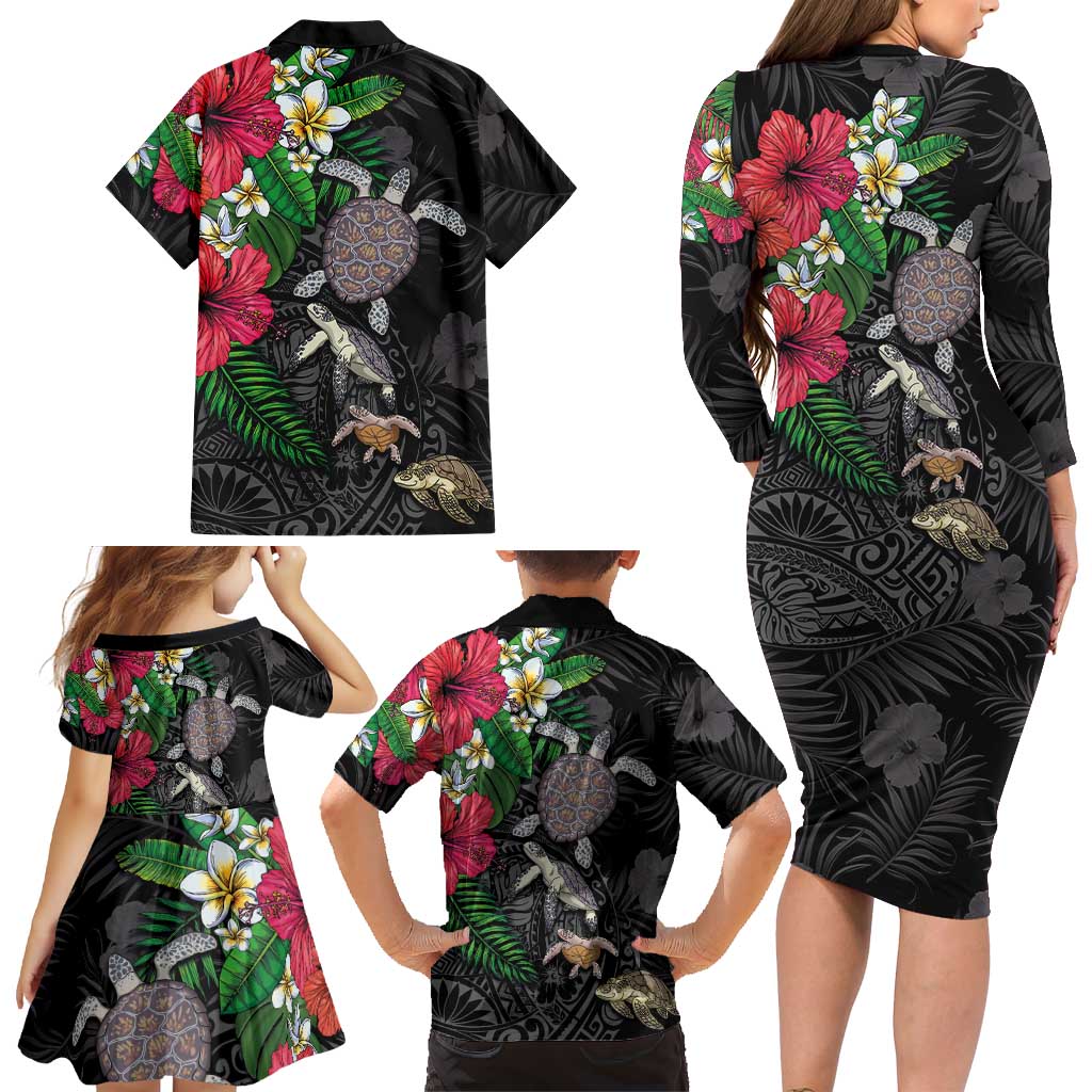 Hawaiian Tropical Plants and Turtles Family Matching Long Sleeve Bodycon Dress and Hawaiian Shirt Polynesian Art Motifs LT03 - Polynesian Pride