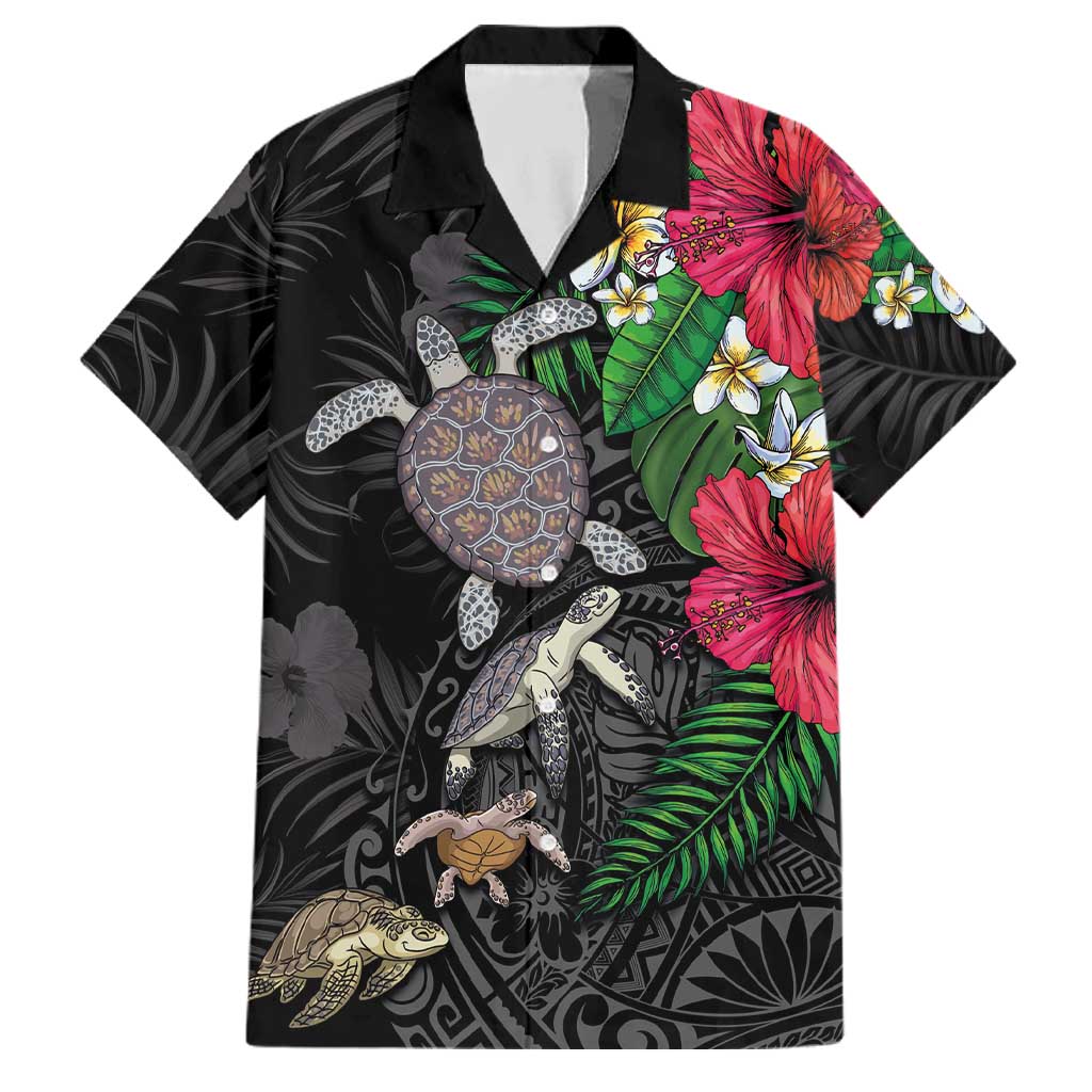 Hawaiian Tropical Plants and Turtles Family Matching Long Sleeve Bodycon Dress and Hawaiian Shirt Polynesian Art Motifs LT03 Dad's Shirt - Short Sleeve Black - Polynesian Pride