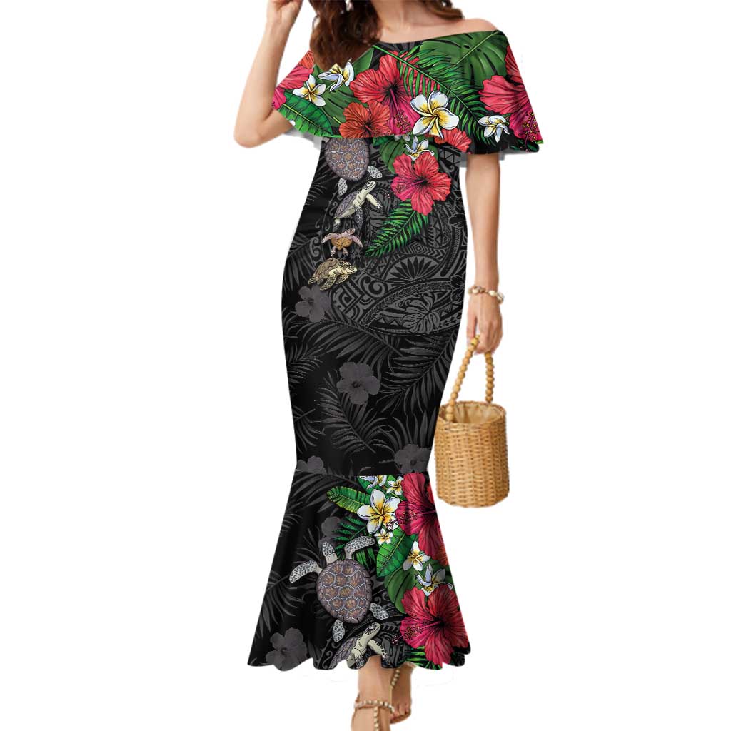 Hawaiian Tropical Plants and Turtles Family Matching Mermaid Dress and Hawaiian Shirt Polynesian Art Motifs LT03 Mom's Dress Black - Polynesian Pride