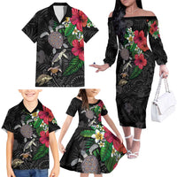 Hawaiian Tropical Plants and Turtles Family Matching Off The Shoulder Long Sleeve Dress and Hawaiian Shirt Polynesian Art Motifs LT03 - Polynesian Pride