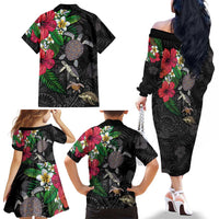 Hawaiian Tropical Plants and Turtles Family Matching Off The Shoulder Long Sleeve Dress and Hawaiian Shirt Polynesian Art Motifs LT03 - Polynesian Pride