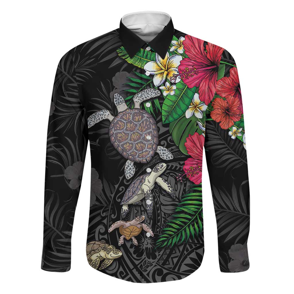Hawaiian Tropical Plants and Turtles Family Matching Off The Shoulder Long Sleeve Dress and Hawaiian Shirt Polynesian Art Motifs LT03 Dad's Shirt - Long Sleeve Black - Polynesian Pride