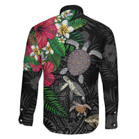 Hawaiian Tropical Plants and Turtles Family Matching Off The Shoulder Long Sleeve Dress and Hawaiian Shirt Polynesian Art Motifs LT03 - Polynesian Pride