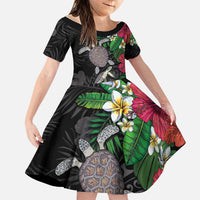 Hawaiian Tropical Plants and Turtles Family Matching Off Shoulder Maxi Dress and Hawaiian Shirt Polynesian Art Motifs LT03 Daughter's Dress Black - Polynesian Pride