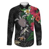 Hawaiian Tropical Plants and Turtles Family Matching Off Shoulder Maxi Dress and Hawaiian Shirt Polynesian Art Motifs LT03 Dad's Shirt - Long Sleeve Black - Polynesian Pride