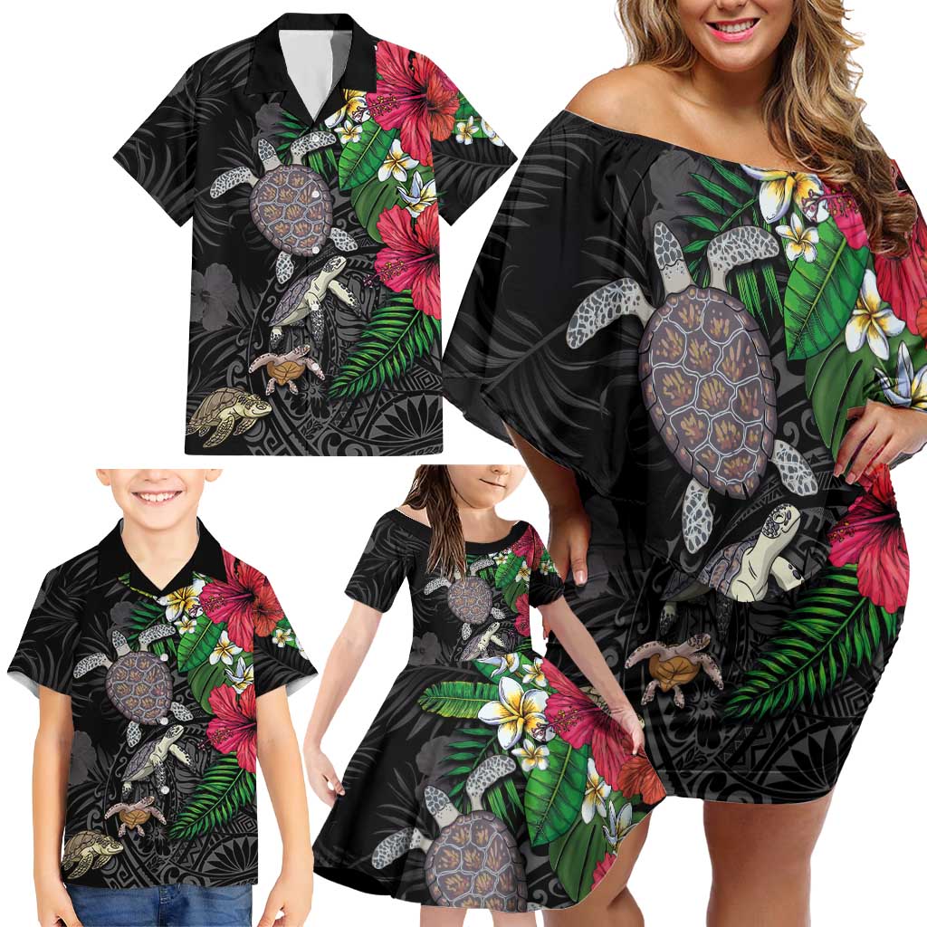 Hawaiian Tropical Plants and Turtles Family Matching Off Shoulder Short Dress and Hawaiian Shirt Polynesian Art Motifs