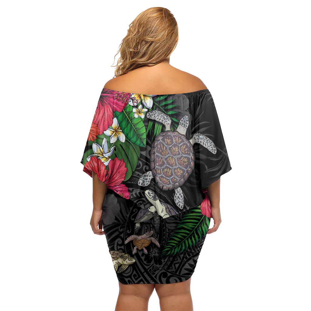 Hawaiian Tropical Plants and Turtles Family Matching Off Shoulder Short Dress and Hawaiian Shirt Polynesian Art Motifs LT03 - Polynesian Pride