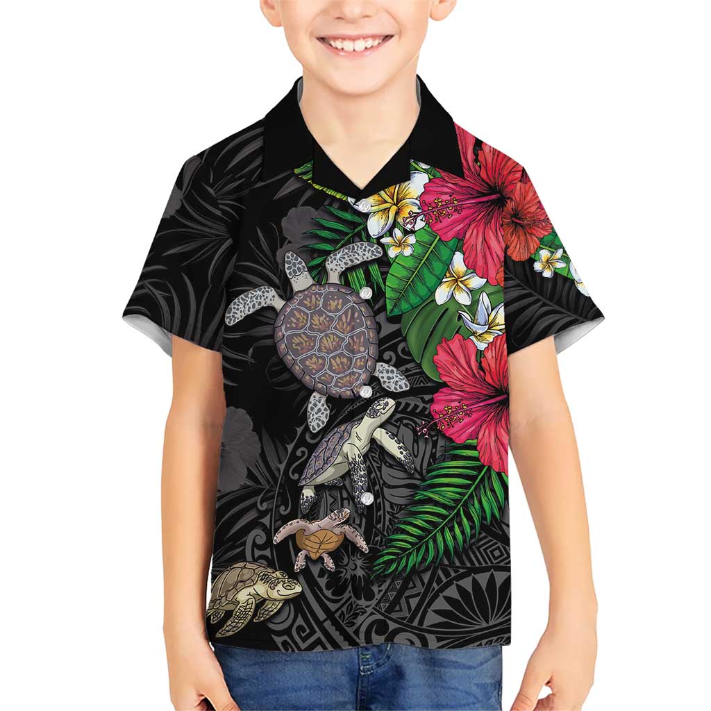 Hawaiian Tropical Plants and Turtles Family Matching Puletasi and Hawaiian Shirt Polynesian Art Motifs LT03 Son's Shirt Black - Polynesian Pride