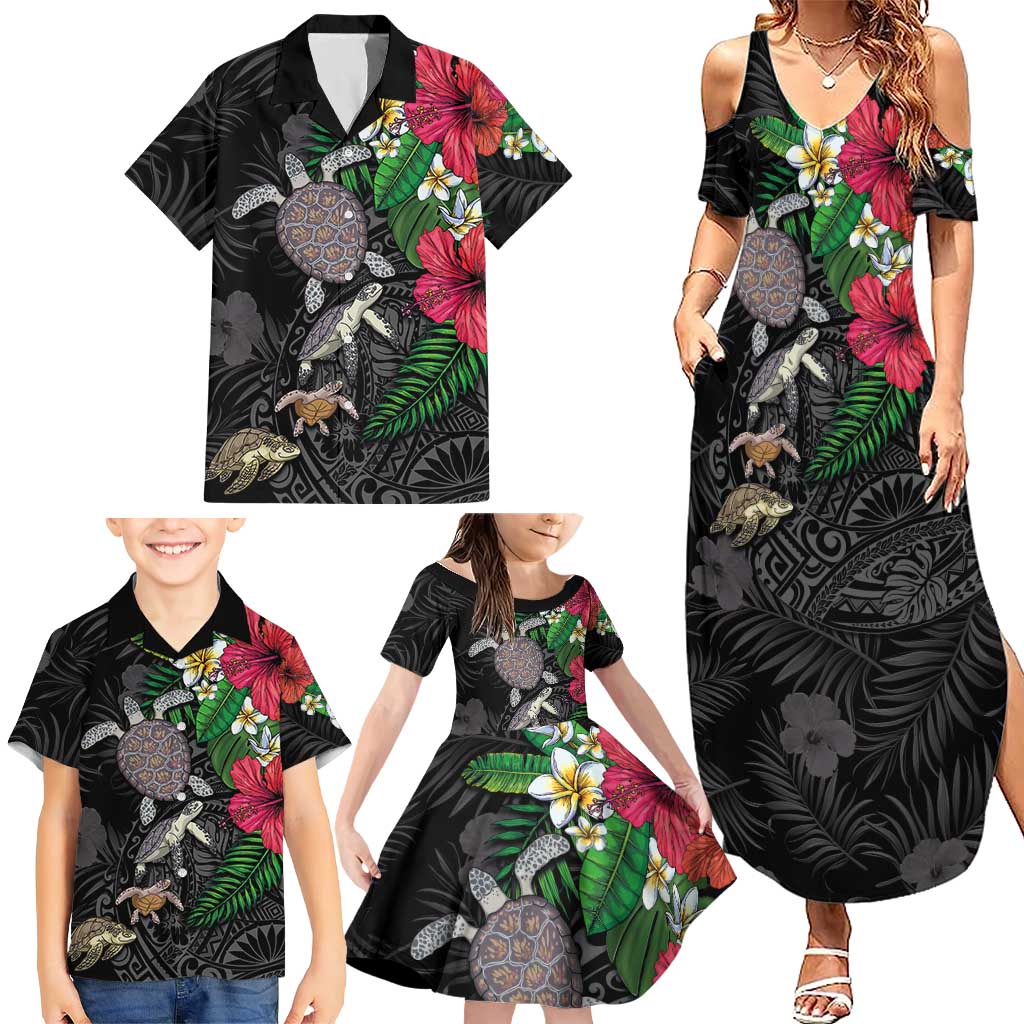 Hawaiian Tropical Plants and Turtles Family Matching Summer Maxi Dress and Hawaiian Shirt Polynesian Art Motifs LT03 - Polynesian Pride