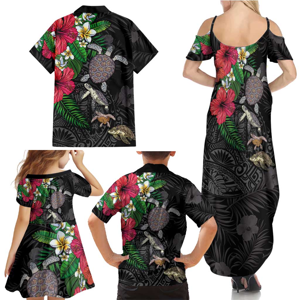 Hawaiian Tropical Plants and Turtles Family Matching Summer Maxi Dress and Hawaiian Shirt Polynesian Art Motifs LT03 - Polynesian Pride
