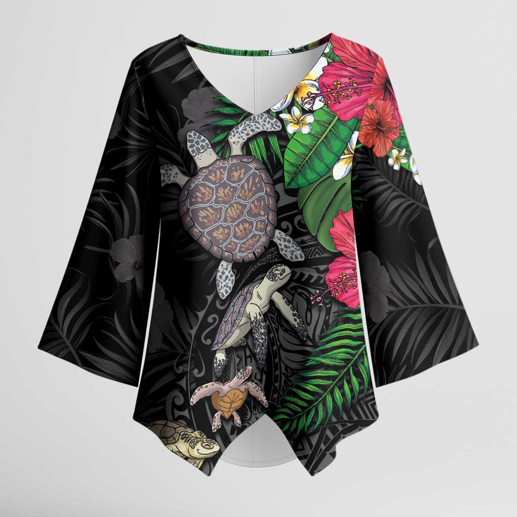 Hawaiian Tropical Plants and Turtles Kimono Sleeve Blouse Polynesian Art Motifs LT03 Female Black - Polynesian Pride