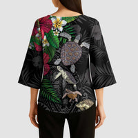 Hawaiian Tropical Plants and Turtles Kimono Sleeve Blouse Polynesian Art Motifs