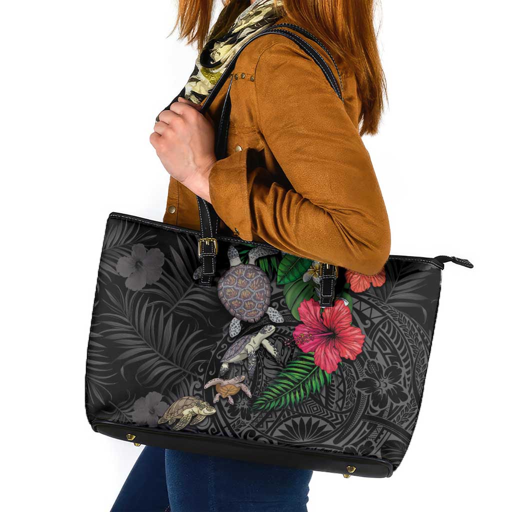 Hawaiian Tropical Plants and Turtles Leather Tote Bag Polynesian Art Motifs