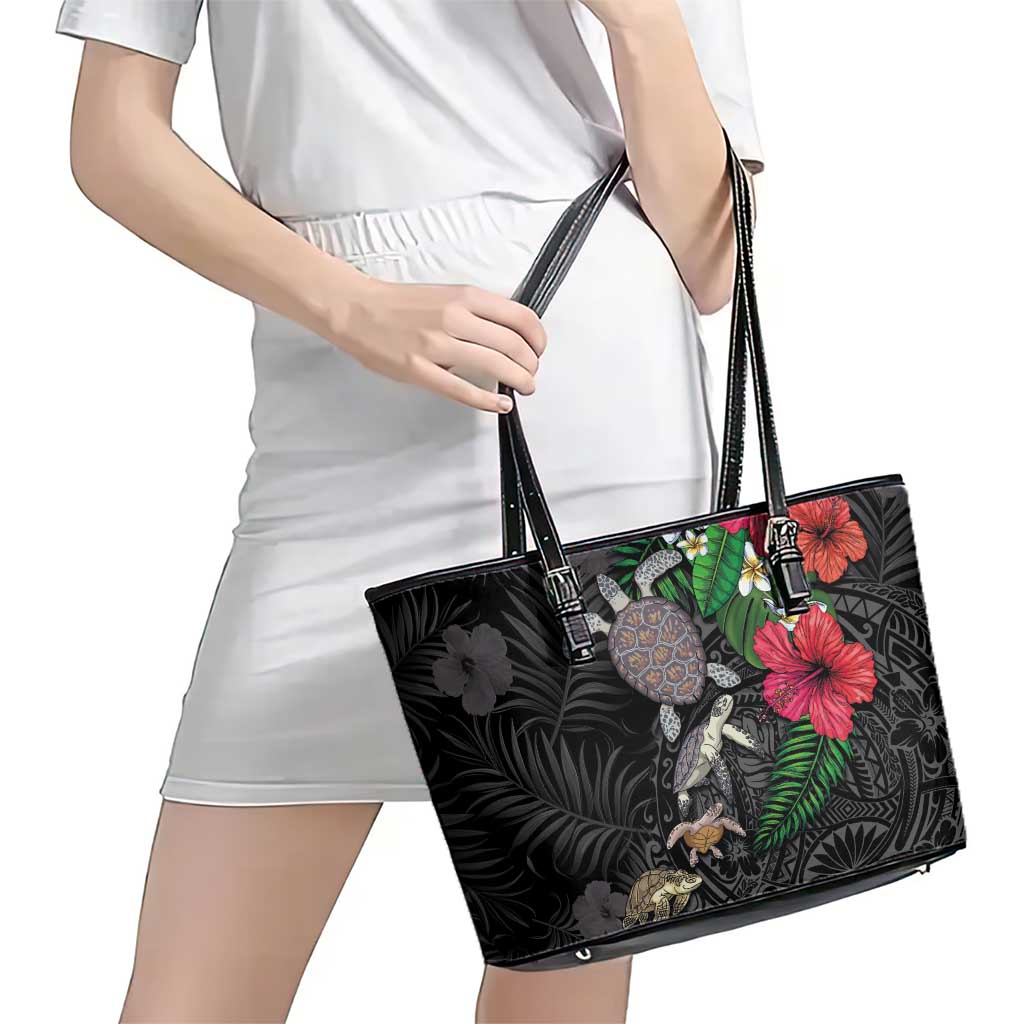 Hawaiian Tropical Plants and Turtles Leather Tote Bag Polynesian Art Motifs