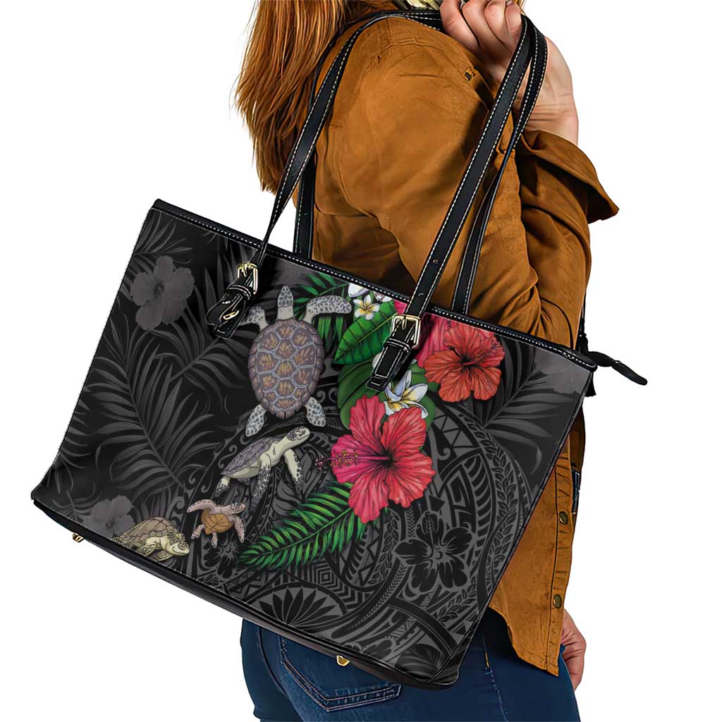 Hawaiian Tropical Plants and Turtles Leather Tote Bag Polynesian Art Motifs